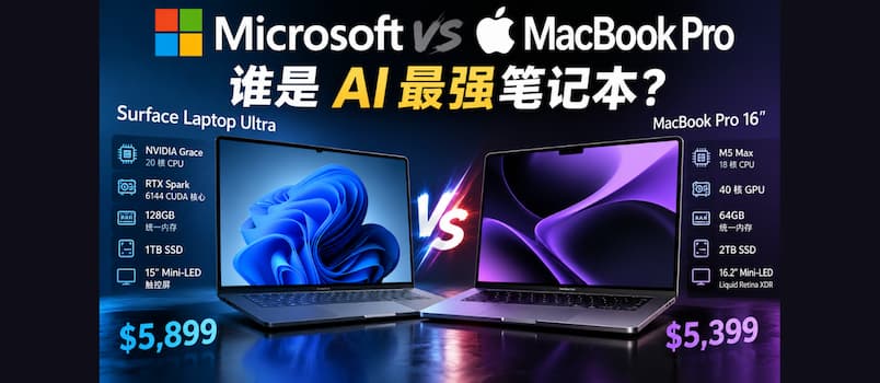 微软发布史上最强 Surface Laptop Ultra：NVIDIA RTX Spark 芯片，128GB 统一内存，比苹果快 6.2 倍？